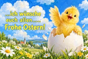 Küken schlüpft winkend aus einem Ei auf einer Blumenwiese mit Dorf und Kirche, Text: ...ich wünsche euch allen...... Frohe Ostern!