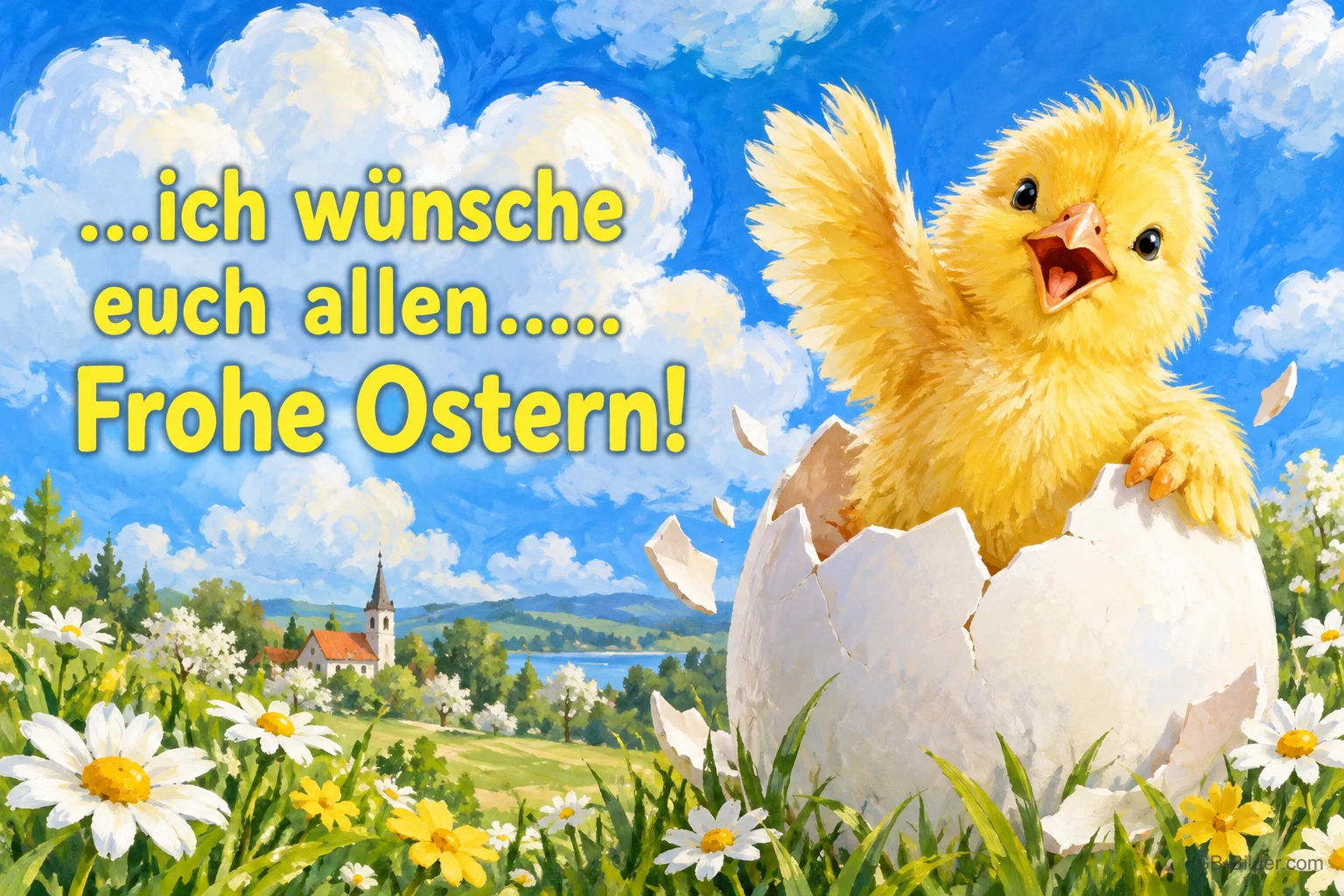 Küken schlüpft winkend aus einem Ei auf einer Blumenwiese mit Dorf und Kirche, Text: ...ich wünsche euch allen...... Frohe Ostern! Küken schlüpft winkend aus einem Ei auf einer Blumenwiese mit Dorf und Kirche, Text: ...ich wünsche euch allen...... Frohe Ostern!