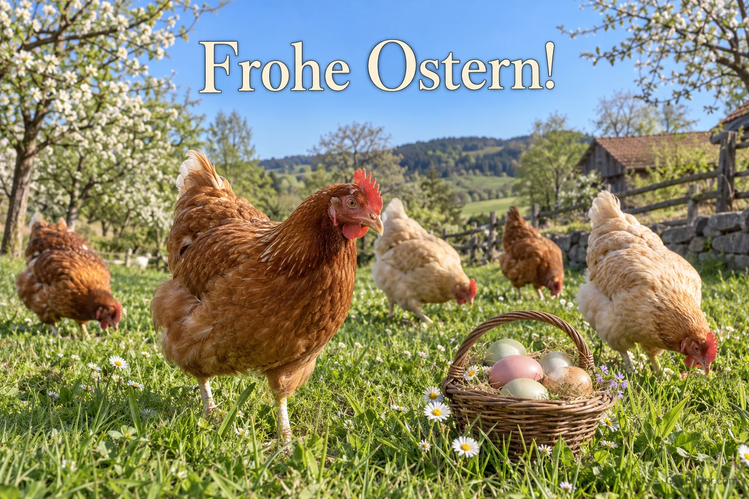 Hühner auf der Wiese mit Eierkorb, Text: Frohe Ostern! Hühner auf der Wiese mit Eierkorb, Text: Frohe Ostern!