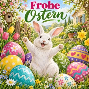 Weißer Hase reißt jubelnd die Pfoten hoch zwischen großen bunten Ostereiern, Text: Frohe Ostern