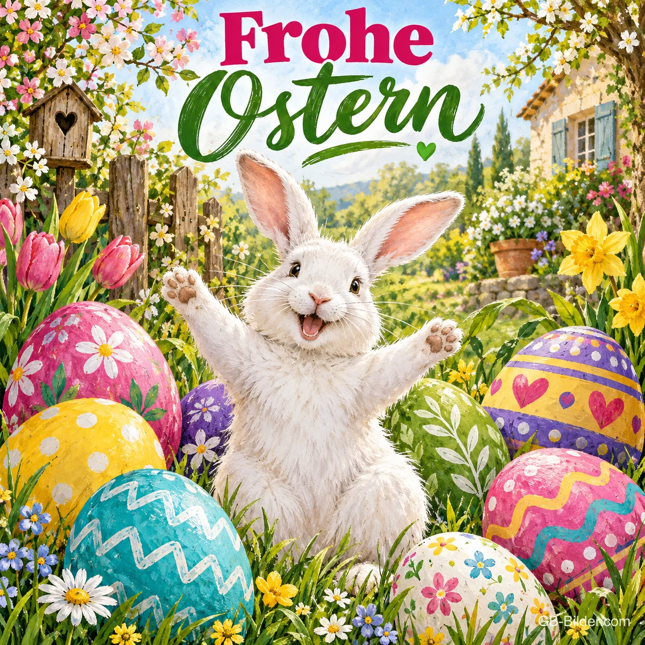 Weißer Hase reißt jubelnd die Pfoten hoch zwischen großen bunten Ostereiern, Text: Frohe Ostern Weißer Hase reißt jubelnd die Pfoten hoch zwischen großen bunten Ostereiern, Text: Frohe Ostern