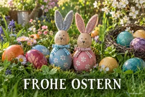 Hasenfiguren zwischen Ostereiern, Text: Frohe Ostern