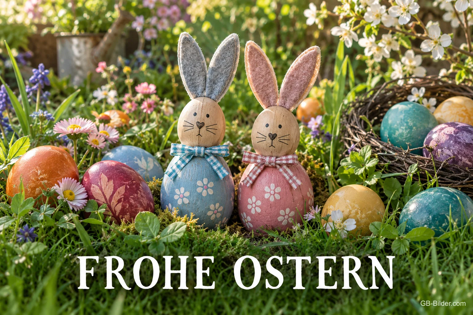 Hasenfiguren zwischen Ostereiern, Text: Frohe Ostern Hasenfiguren zwischen Ostereiern, Text: Frohe Ostern