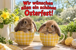 Zwei Kaninchen in Tassen am Fenster, Text: Wir wünschen allen ein schönes Osterfest!