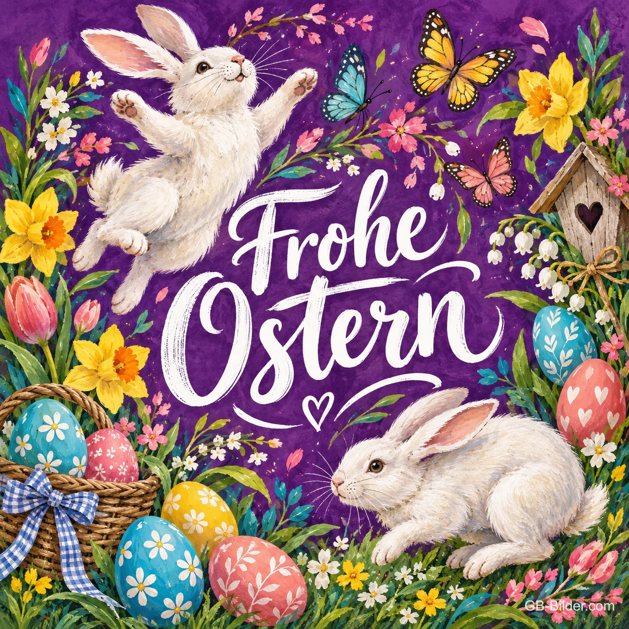 Zwei weiße Hasen zwischen Ostereiern, Narzissen und Schmetterlingen auf Lila, Text: Frohe Ostern Zwei weiße Hasen zwischen Ostereiern, Narzissen und Schmetterlingen auf Lila, Text: Frohe Ostern