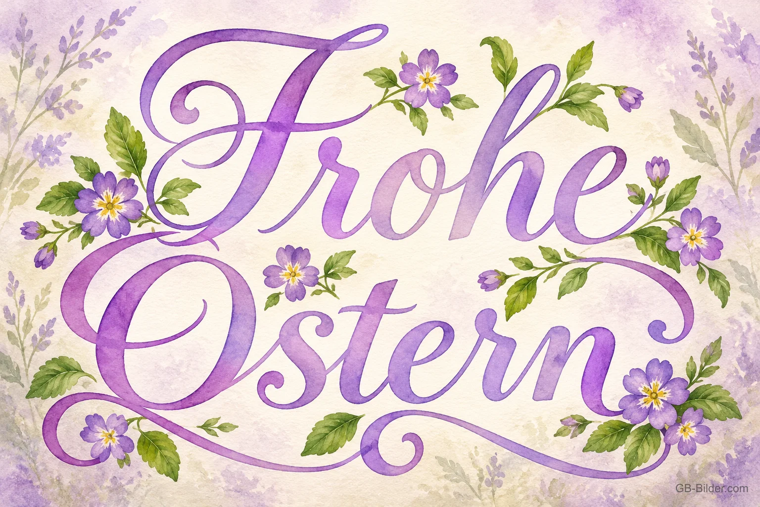 Lila Schriftzug mit Veilchen, Text: Frohe Ostern Lila Schriftzug mit Veilchen, Text: Frohe Ostern
