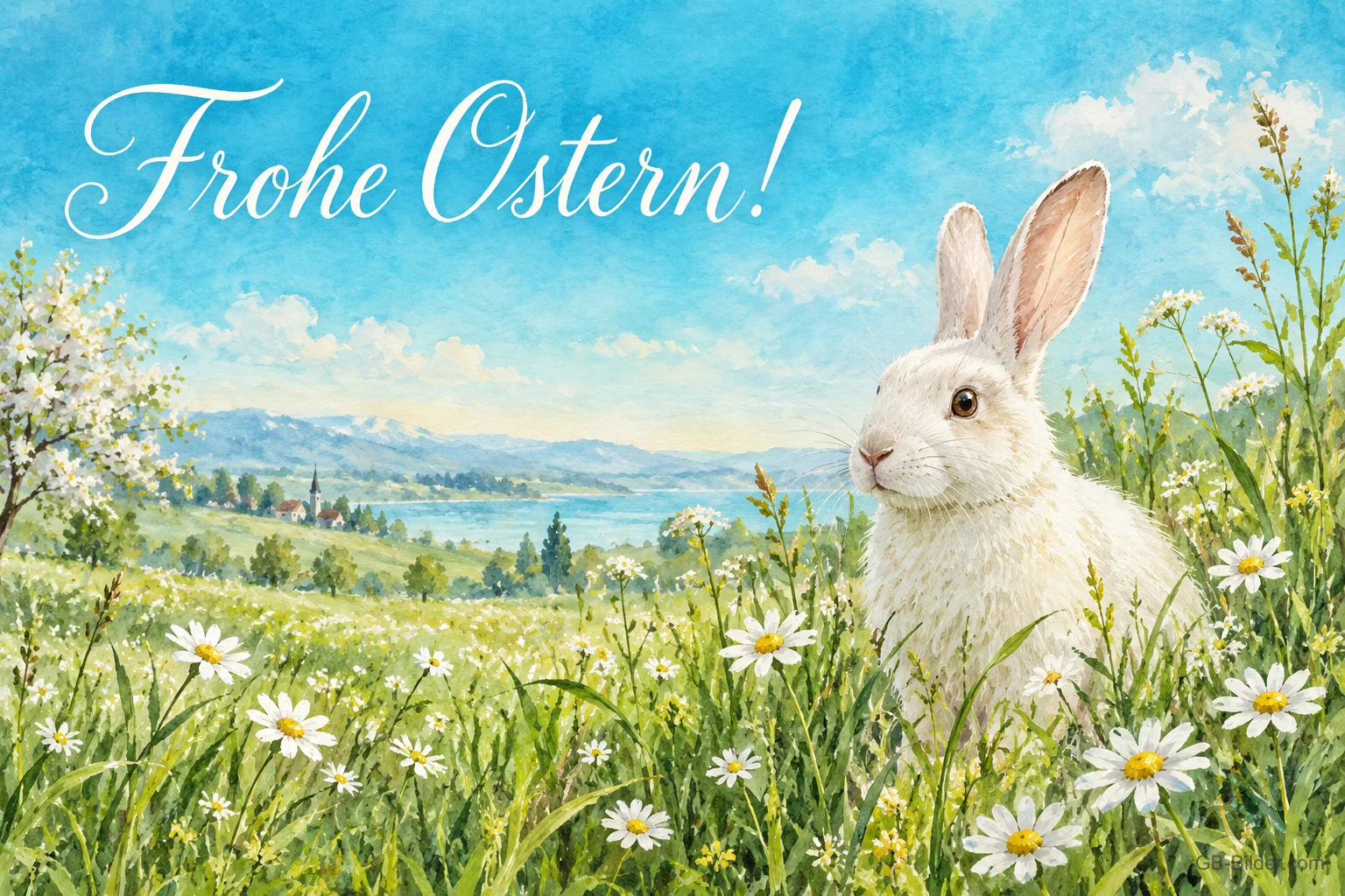 Weißes Kaninchen in der Blumenwiese, Text: Frohe Ostern! Weißes Kaninchen in der Blumenwiese, Text: Frohe Ostern!