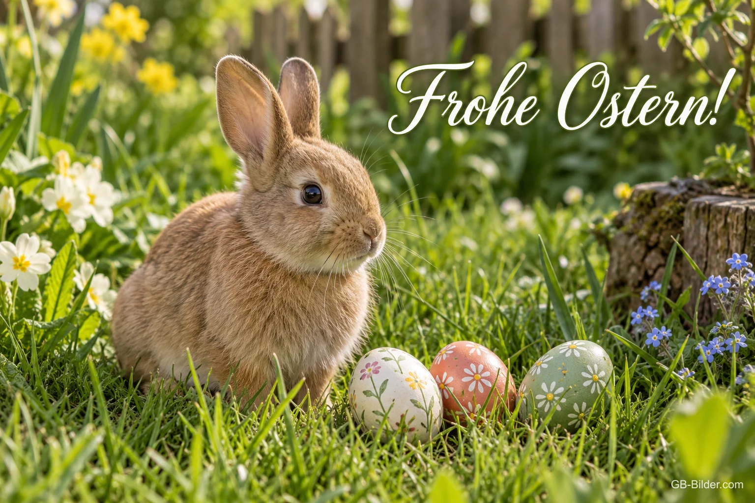 Kaninchen mit Ostereiern im Gras, Text: Frohe Ostern! Kaninchen mit Ostereiern im Gras, Text: Frohe Ostern!
