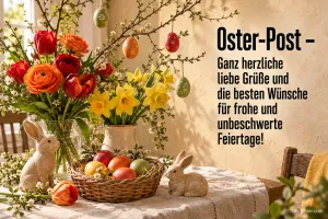 Ostertisch mit Tulpen und Eierkorb, Text: Oster-Post – Ganz herzliche liebe Grüße