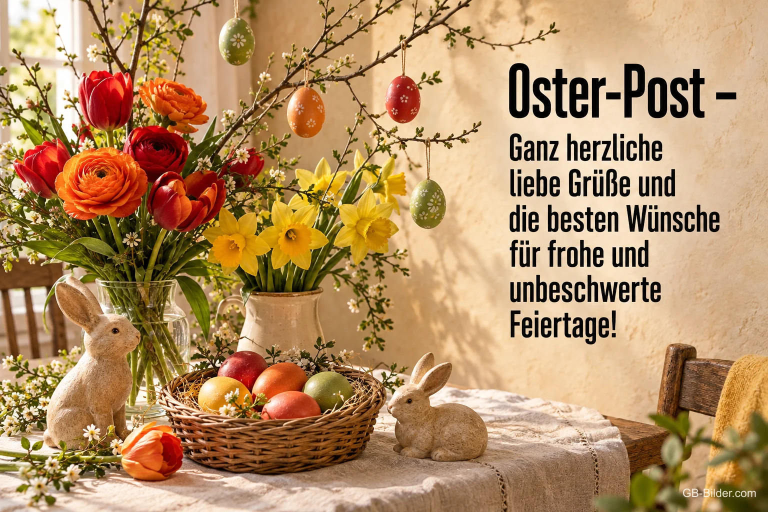 Ostertisch mit Tulpen und Eierkorb, Text: Oster-Post – Ganz herzliche liebe Grüße Ostertisch mit Tulpen und Eierkorb, Text: Oster-Post – Ganz herzliche liebe Grüße