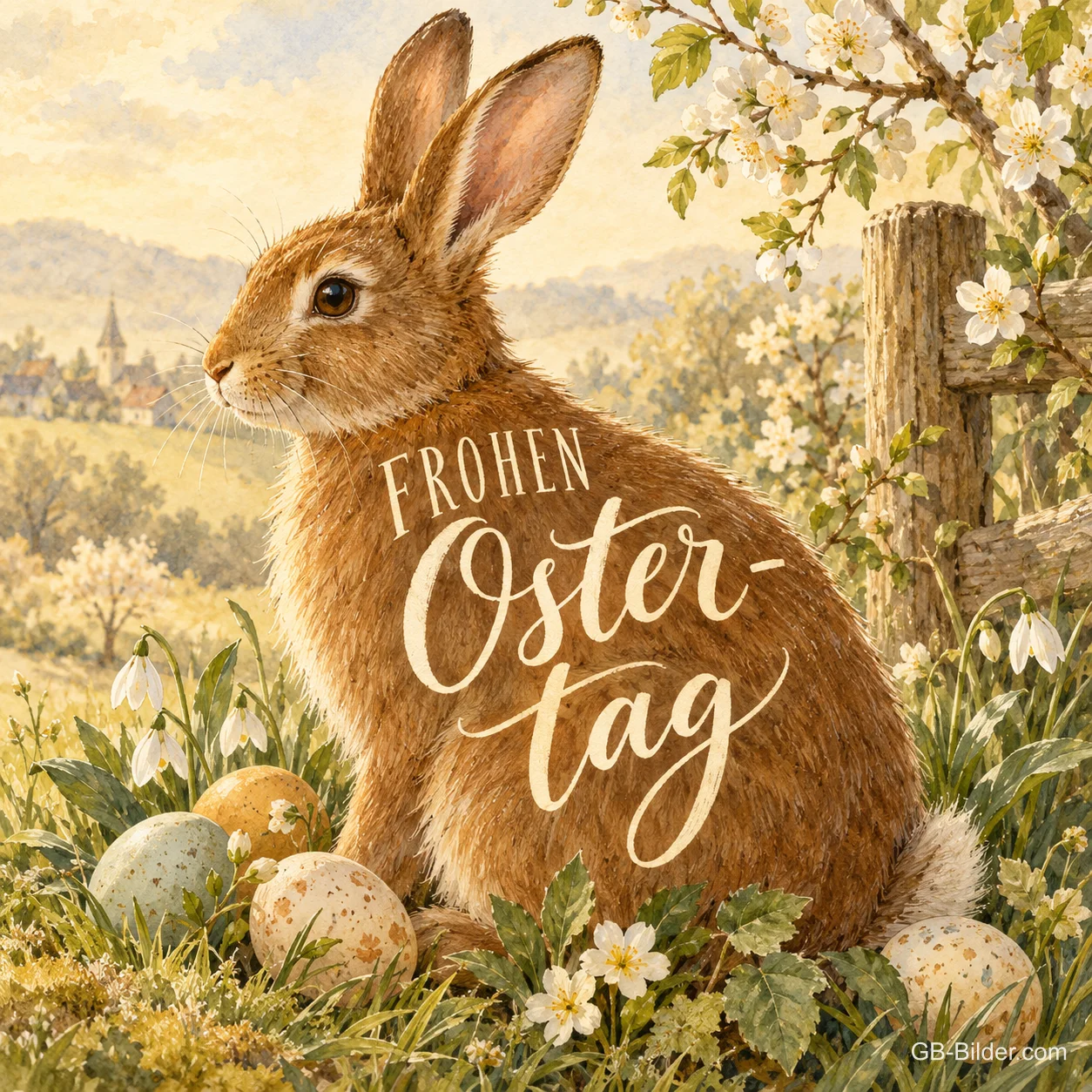 Feldhase mit Ostereiern, Text: Frohen Ostertag Feldhase mit Ostereiern, Text: Frohen Ostertag