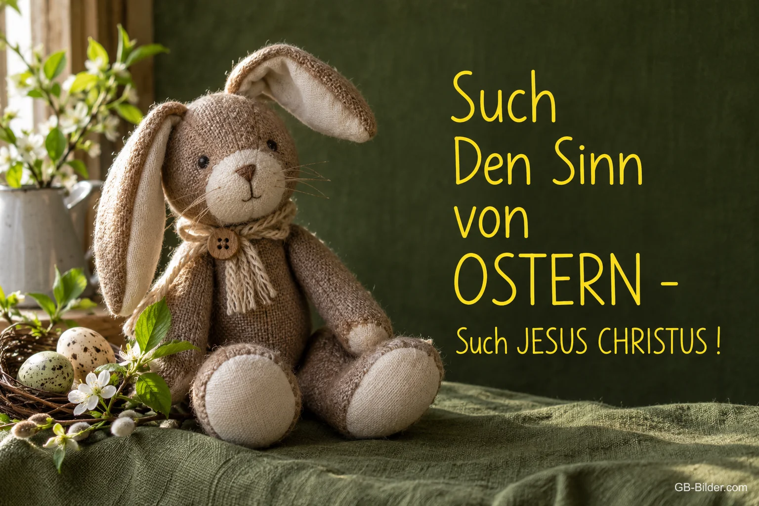 Stoffhase mit Osternest, Text: Such den Sinn von Ostern – Such Jesus Christus! Stoffhase mit Osternest, Text: Such den Sinn von Ostern – Such Jesus Christus!