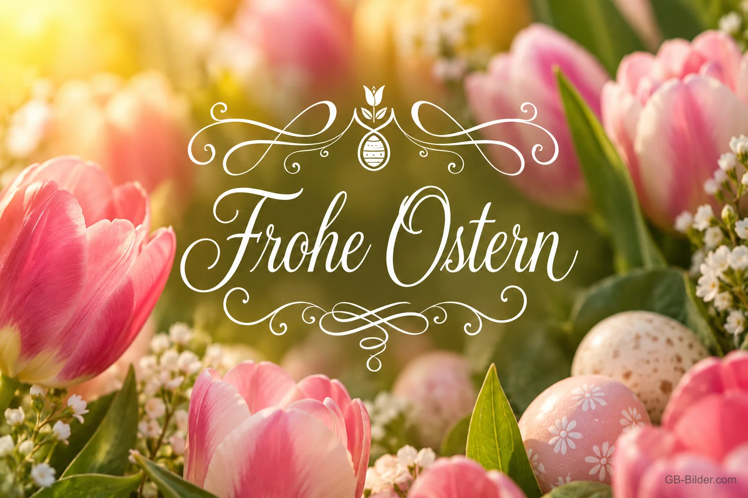 Rosa Tulpen mit Ostereiern, Text: Frohe Ostern Rosa Tulpen mit Ostereiern, Text: Frohe Ostern