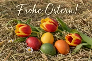 Gefärbte Eier und Tulpen im Heu, Text: Frohe Ostern!
