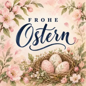 Osternest zwischen Kirschblüten, Text: Frohe Ostern