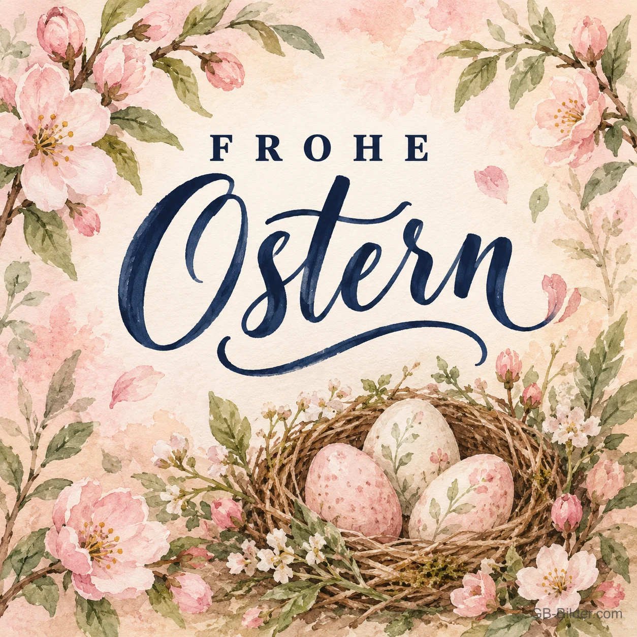 Osternest zwischen Kirschblüten, Text: Frohe Ostern Osternest zwischen Kirschblüten, Text: Frohe Ostern