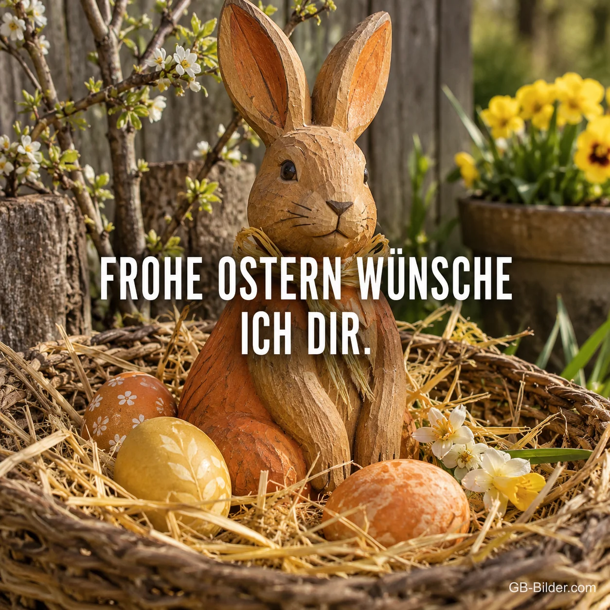 Holzhase im Osterkorb, Text: Frohe Ostern wünsche ich dir.