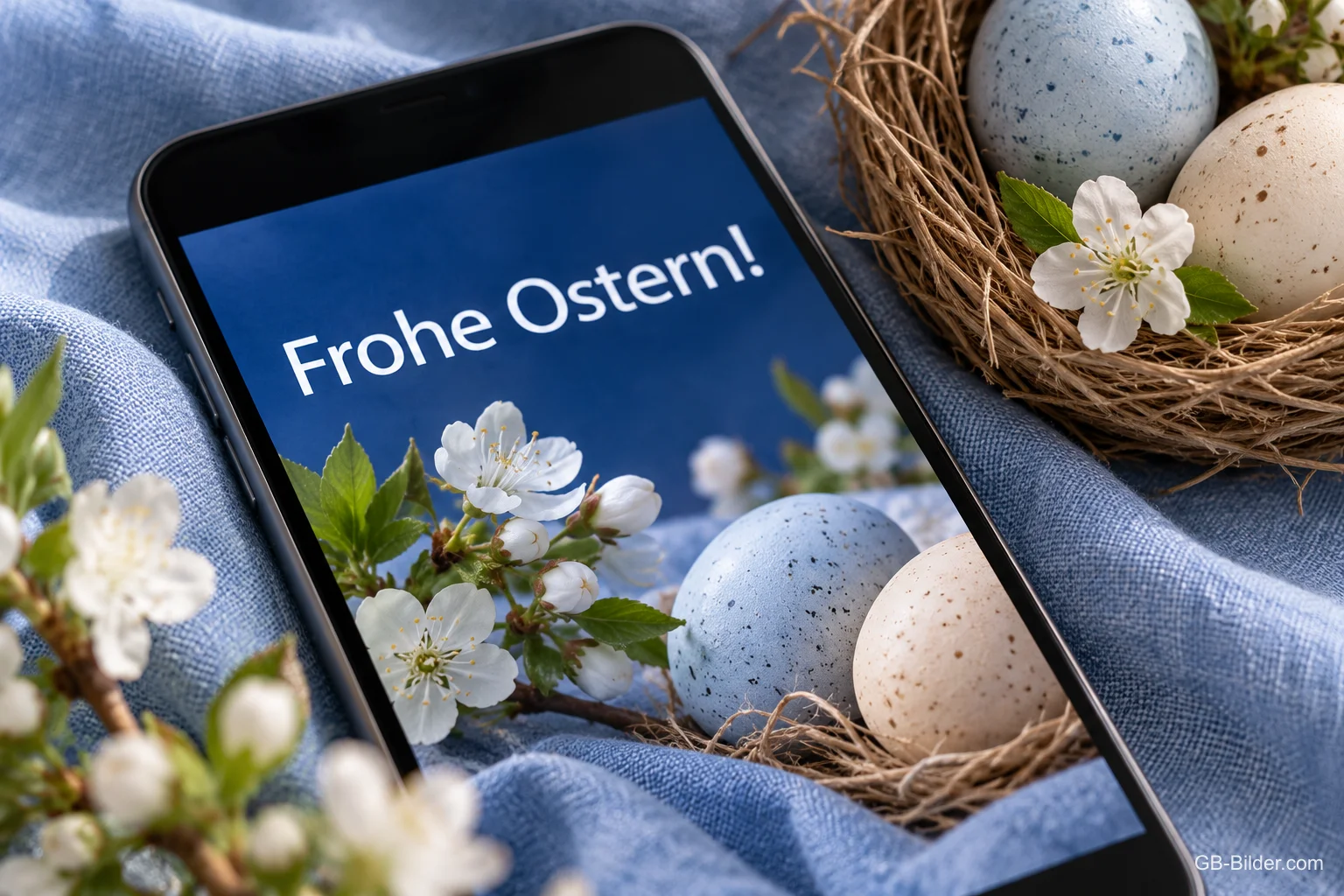 Handy mit Ostergruß neben Osternest, Text: Frohe Ostern!