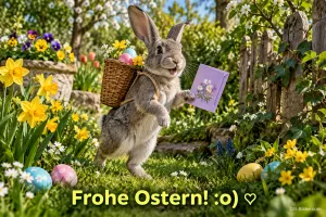 Hase mit Eierkorb auf dem Rücken bringt einen Brief durch einen Frühlingsgarten, Text: Frohe Ostern! :o) ♡