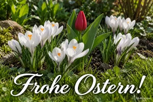 Weiße Krokusse mit roter Tulpe, Text: Frohe Ostern!