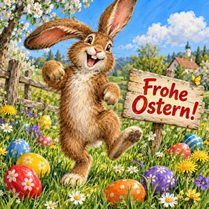 Lachender Hase tanzt neben einem Holzschild auf einer Wiese voller Ostereier, Text: Frohe Ostern!