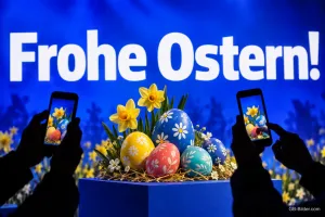 Hände halten Smartphones vor einem Korb mit Ostereiern und Narzissen auf Blau, Text: Frohe Ostern!