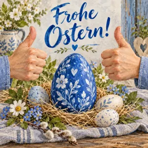 Daumen hoch über blauen Ostereiern, Text: Frohe Ostern!
