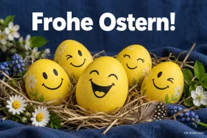 Lachende gelbe Ostereier im Nest, Text: Frohe Ostern!