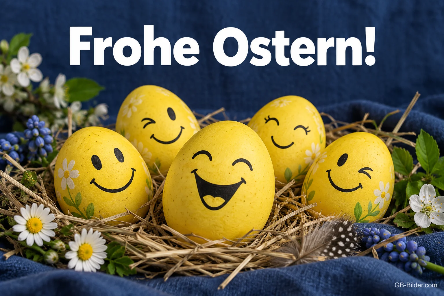 Lachende gelbe Ostereier im Nest, Text: Frohe Ostern!