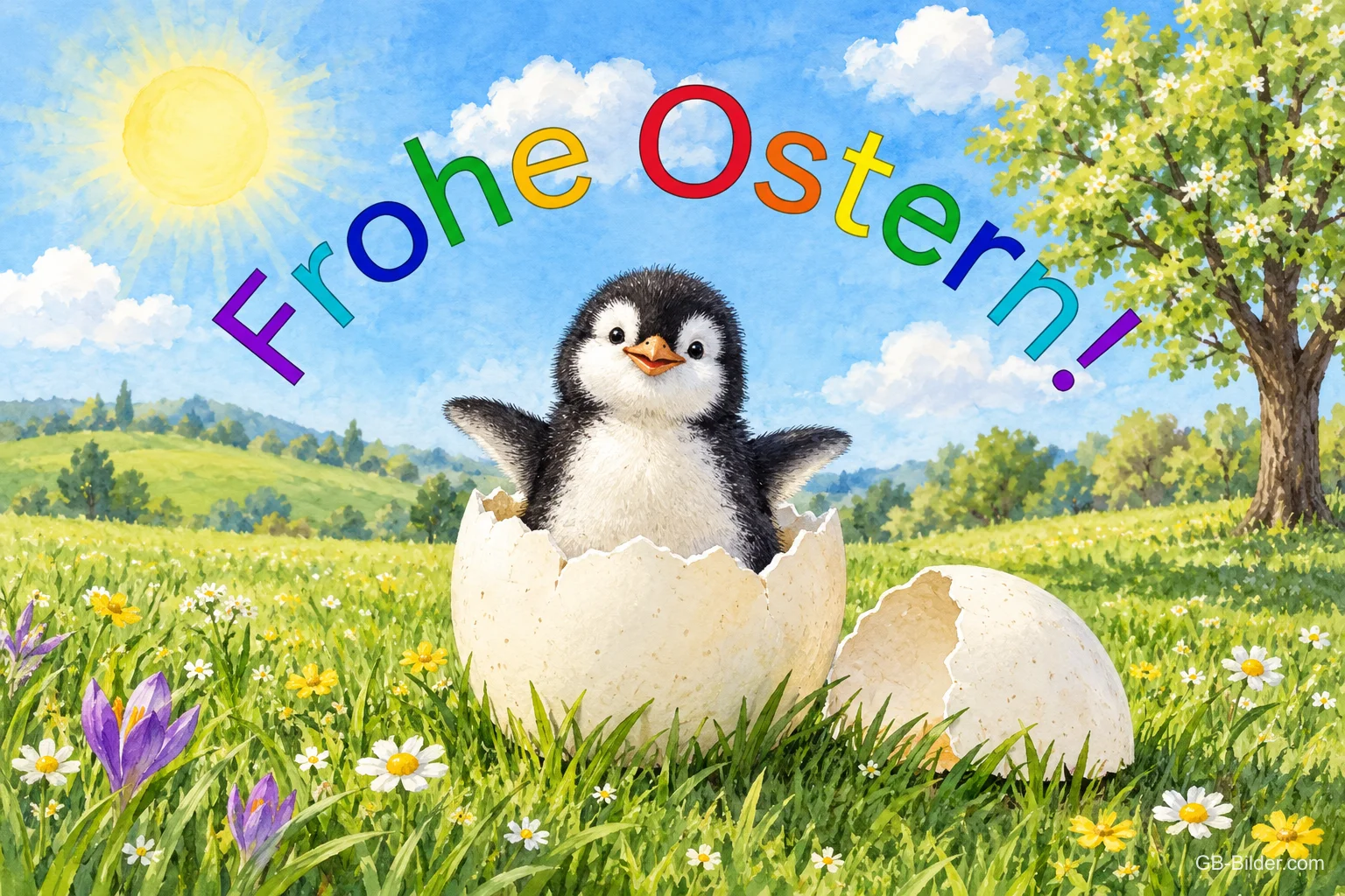 Pinguinküken schlüpft aus dem Ei, Text: Frohe Ostern!