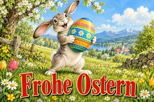 Lachender Hase trägt ein großes bemaltes Osterei durch eine Frühlingslandschaft, Text: Frohe Ostern