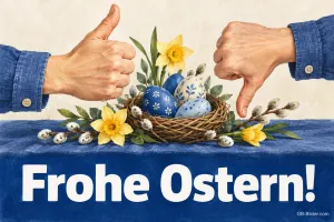 Daumen hoch und runter über Osternest, Text: Frohe Ostern!
