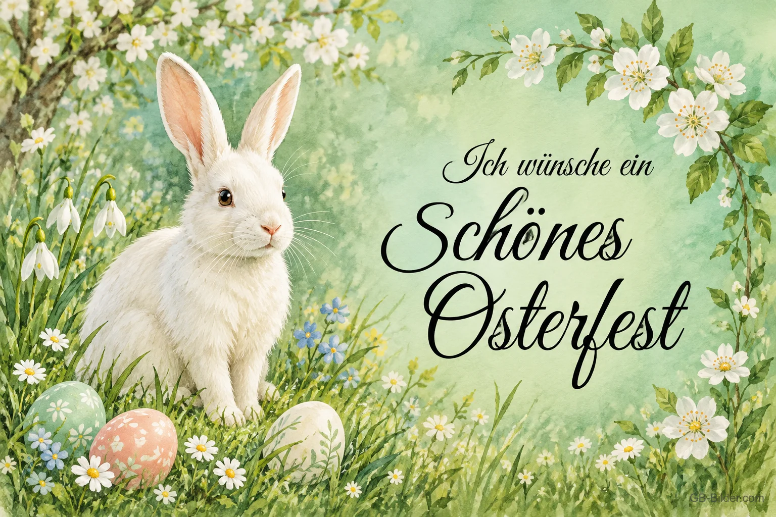 Weißes Kaninchen mit Ostereiern, Text: Ich wünsche ein Schönes Osterfest