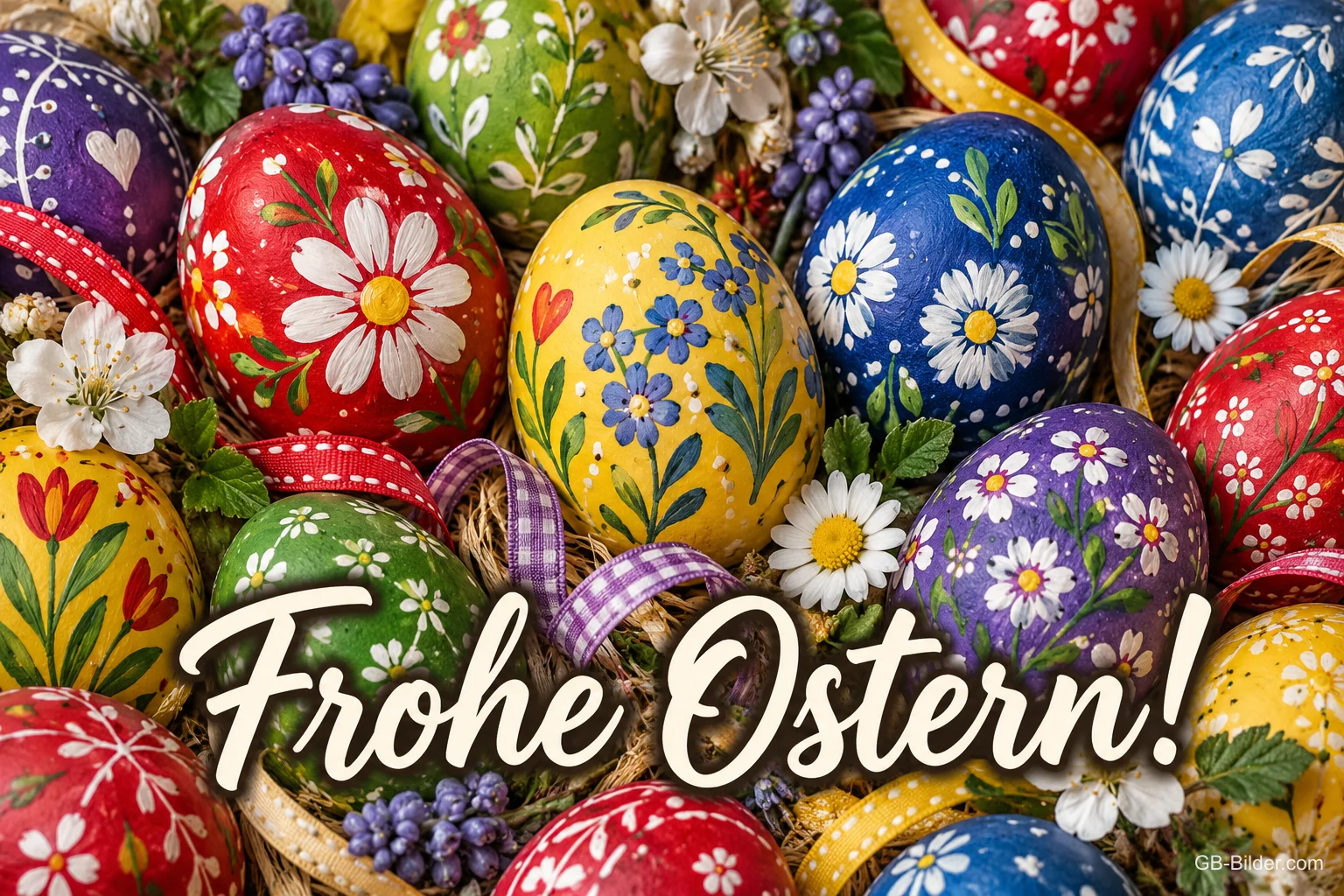 Viele bunt bemalte Ostereier mit Blumenmustern, Text: Frohe Ostern!