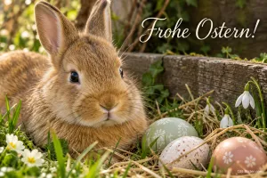 Feldhase mit Ostereiern, Text: Frohe Ostern