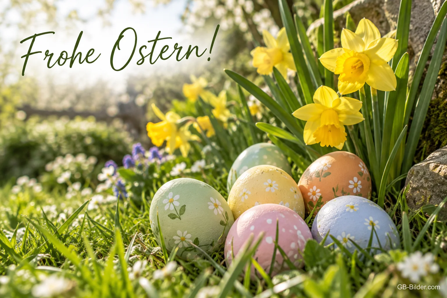 Ostereier zwischen Narzissen, Text: Frohe Ostern Ostereier zwischen Narzissen, Text: Frohe Ostern