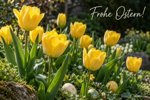 Gelbe Tulpen mit Ostereiern, Text: Frohe Ostern