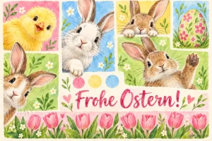 Aquarellbilder von Hasen, Küken und Osterei über einer Reihe Tulpen, Text: Frohe Ostern!