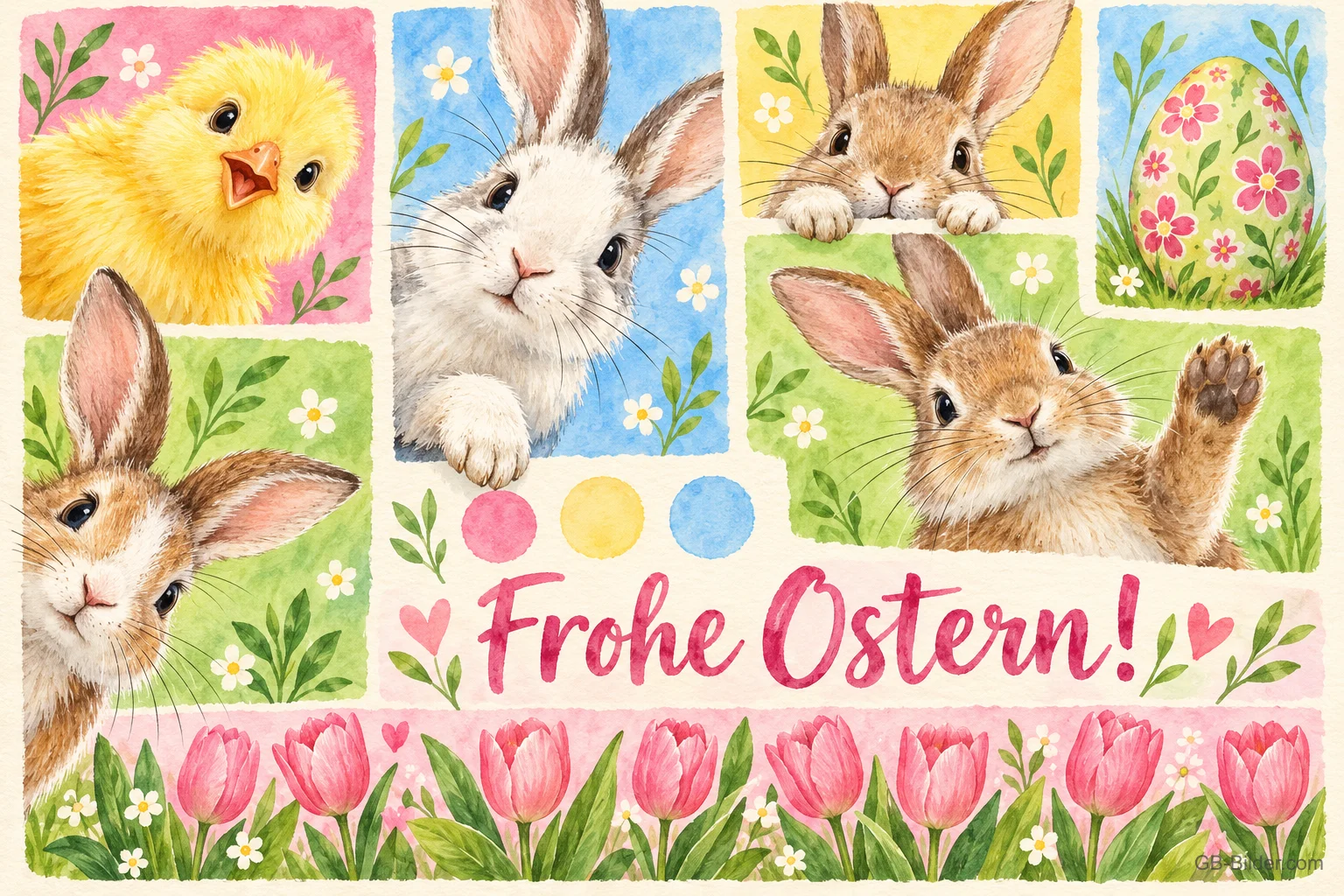 Aquarellbilder von Hasen, Küken und Osterei über einer Reihe Tulpen, Text: Frohe Ostern! Aquarellbilder von Hasen, Küken und Osterei über einer Reihe Tulpen, Text: Frohe Ostern!