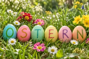 Ostereier mit Buchstaben zwischen Blumen, Text: Ostern