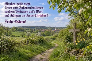 Feldweg mit Holzkreuz, Spruch: Glauben heißt nicht, Text: Glauben heißt nicht, Leben vom Außerordentlichen sondern Ver