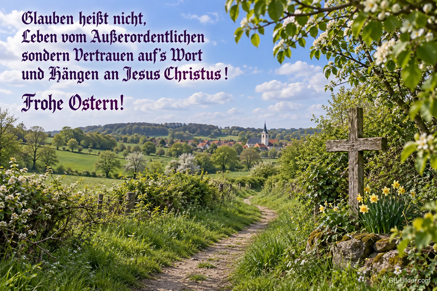 Feldweg mit Holzkreuz, Spruch: Glauben heißt nicht, Text: Glauben heißt nicht, Leben vom Außerordentlichen sondern Ver Feldweg mit Holzkreuz, Spruch: Glauben heißt nicht, Text: Glauben heißt nicht, Leben vom Außerordentlichen sondern Ver