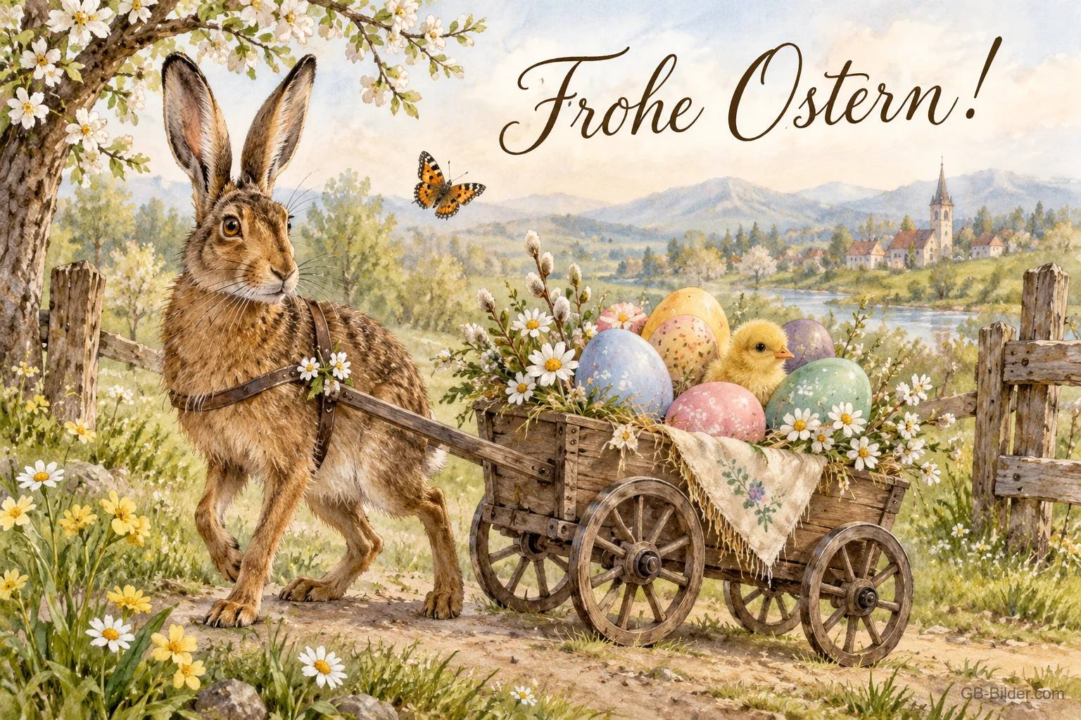 Hase mit Eierkarren, Text: Frohe Ostern Hase mit Eierkarren, Text: Frohe Ostern