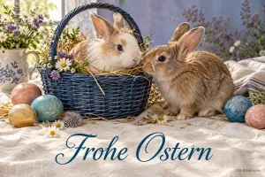 Zwei Kaninchen am Osterkorb, Text: Frohe Ostern