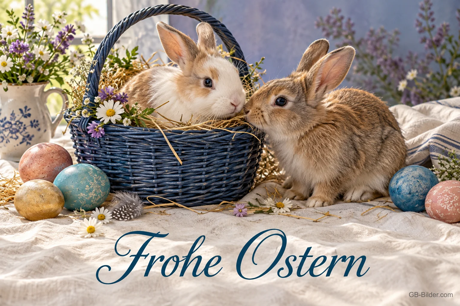 Zwei Kaninchen am Osterkorb, Text: Frohe Ostern Zwei Kaninchen am Osterkorb, Text: Frohe Ostern
