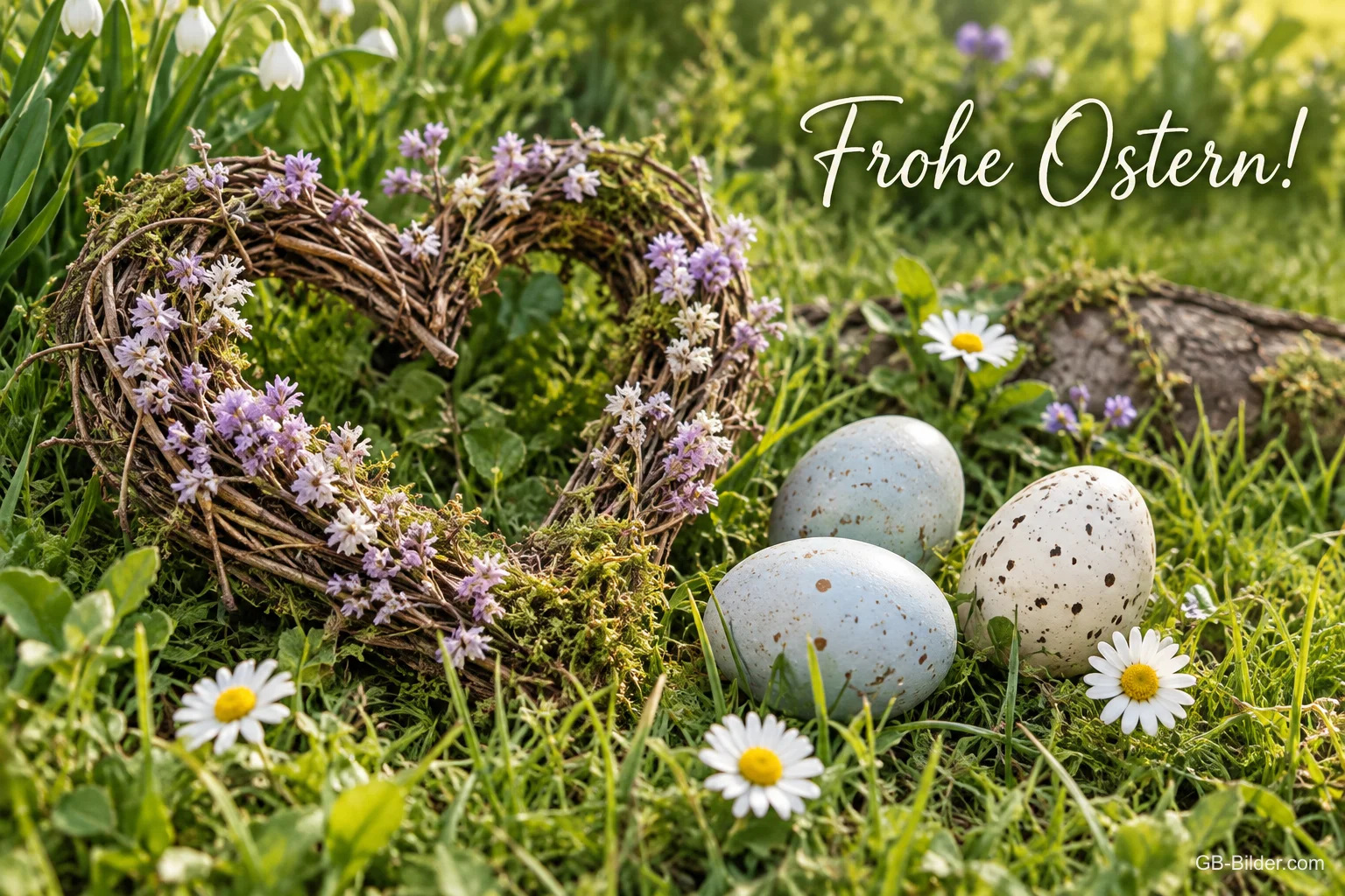 Zweigherz mit Ostereiern, Text: Frohe Ostern Zweigherz mit Ostereiern, Text: Frohe Ostern