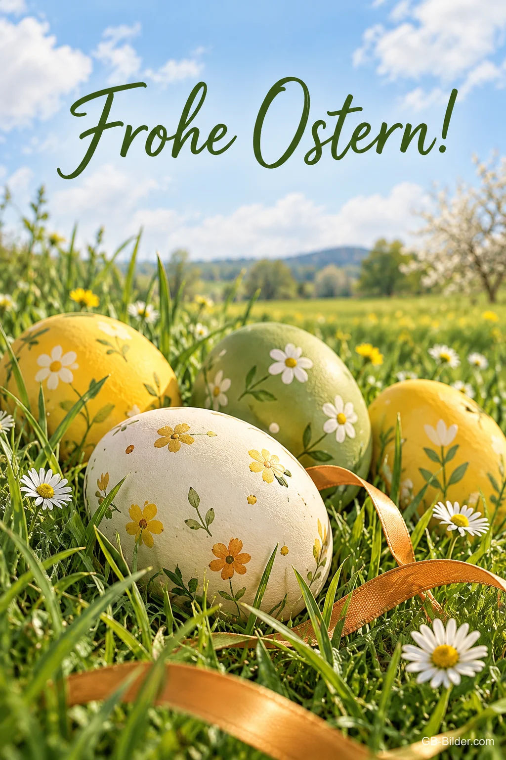 Ostereier mit Schleife in der Wiese, Text: Frohe Ostern Ostereier mit Schleife in der Wiese, Text: Frohe Ostern