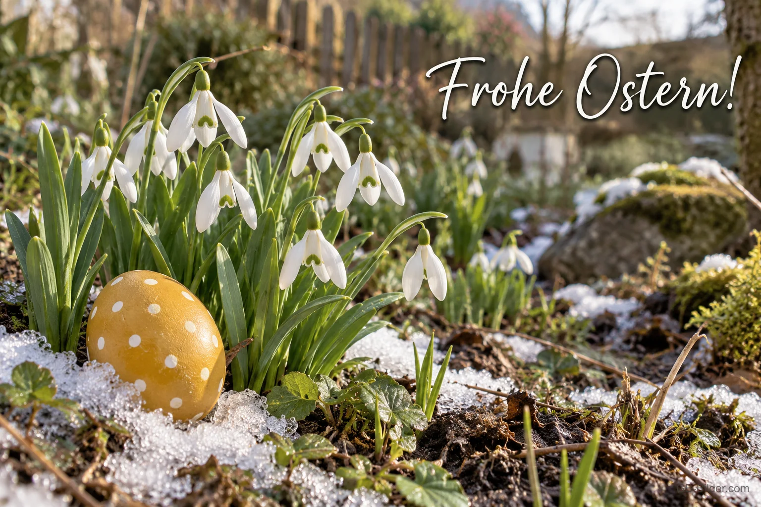 Goldenes Osterei zwischen Schneeglöckchen, Text: Frohe Ostern Goldenes Osterei zwischen Schneeglöckchen, Text: Frohe Ostern