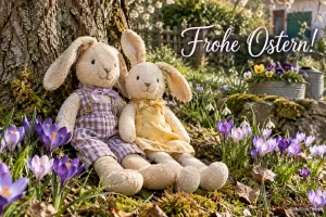 Stoffhasen zwischen Krokussen, Text: Frohe Ostern
