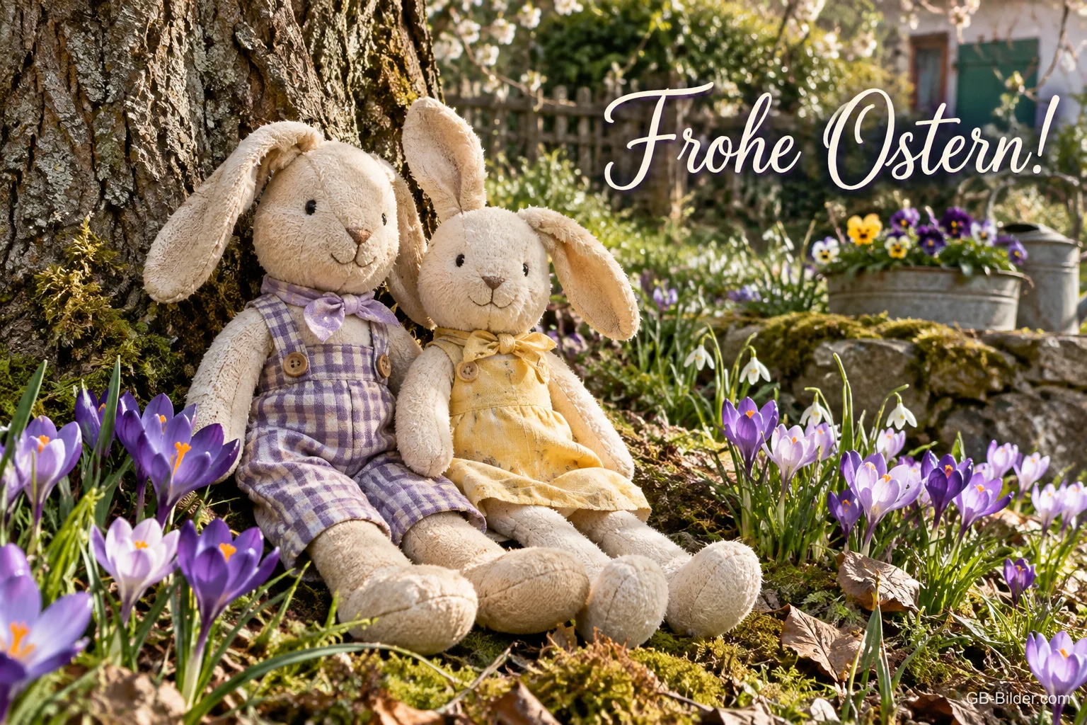 Stoffhasen zwischen Krokussen, Text: Frohe Ostern Stoffhasen zwischen Krokussen, Text: Frohe Ostern